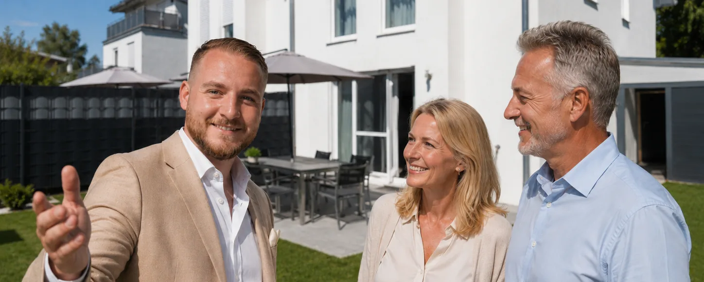 Beratungsgespräch mit Eigentümern vor einem Wohnhaus