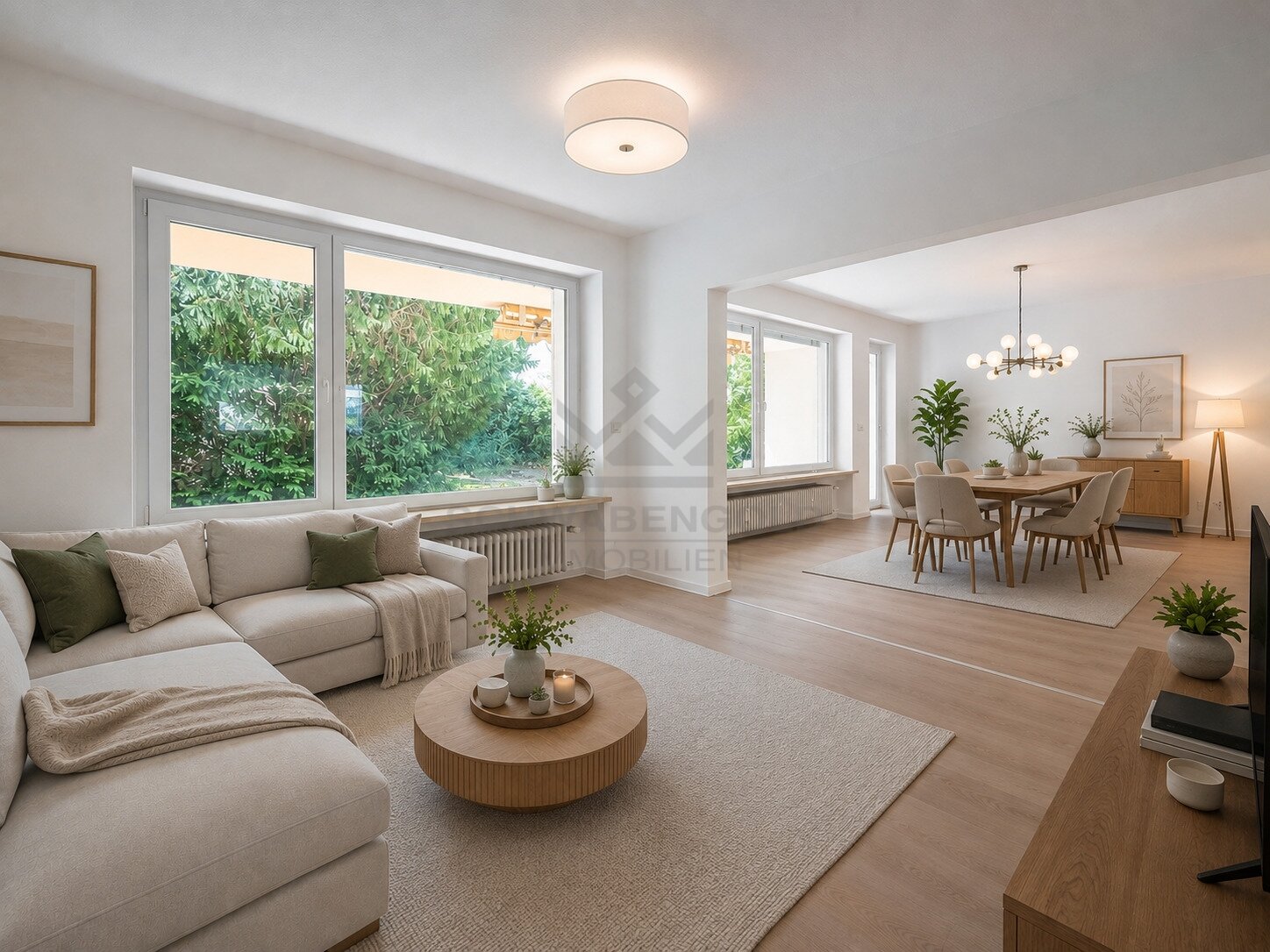 Fast wie ein eigenes Haus: 4,5 Zimmer mit Privatgarten, Garage & frisch renoviert in Günzburg (003-047) — Wohnen Essen mit KI möbeliert zu Darstellungszwecke