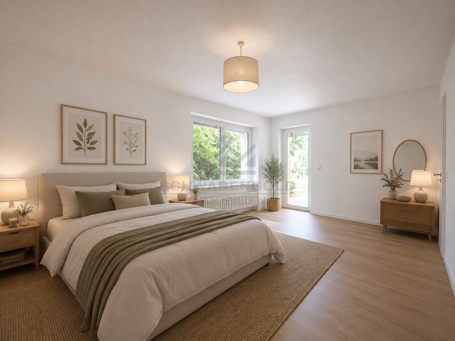 Fast wie ein eigenes Haus: 4,5 Zimmer mit Privatgarten, Garage &amp; frisch renoviert in Günzburg (003-047) — Schlafzimmer mit KI möbeliert zu Darstellungszwecke